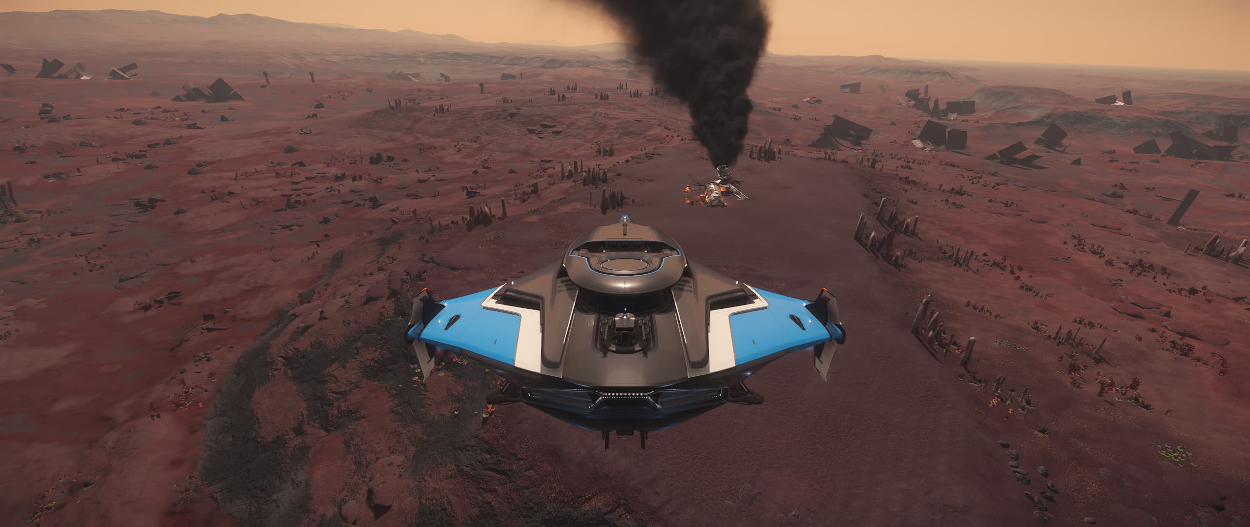 Spaceship overlooking a smoke column on a distant world