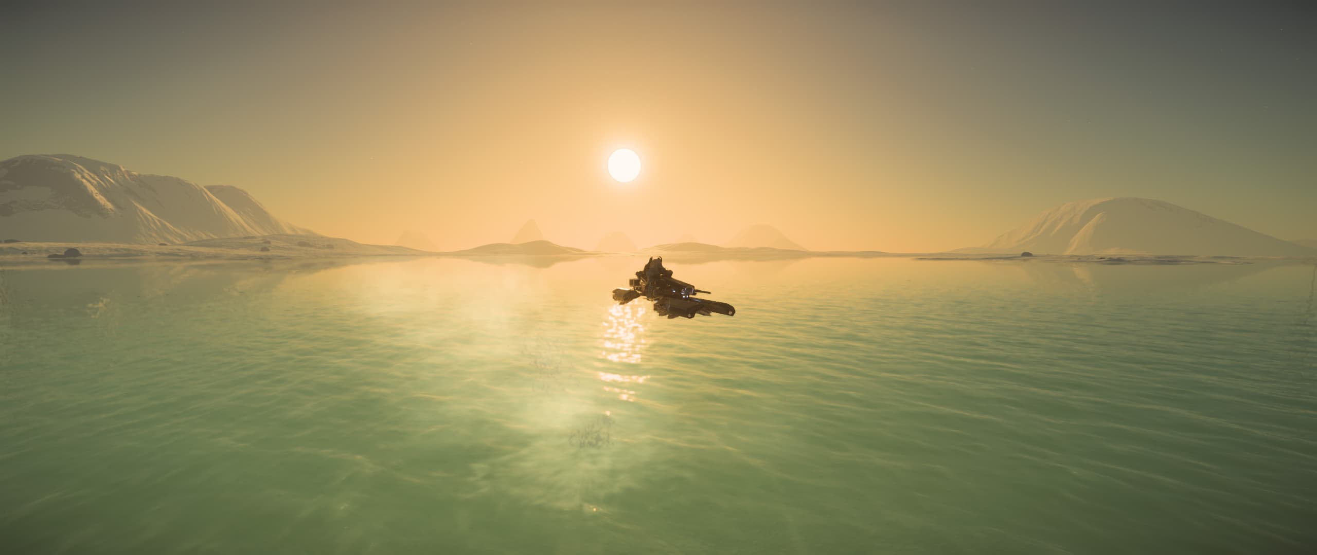 Lone rider on Dragonfly hovercraft in front of a Bloom sunset